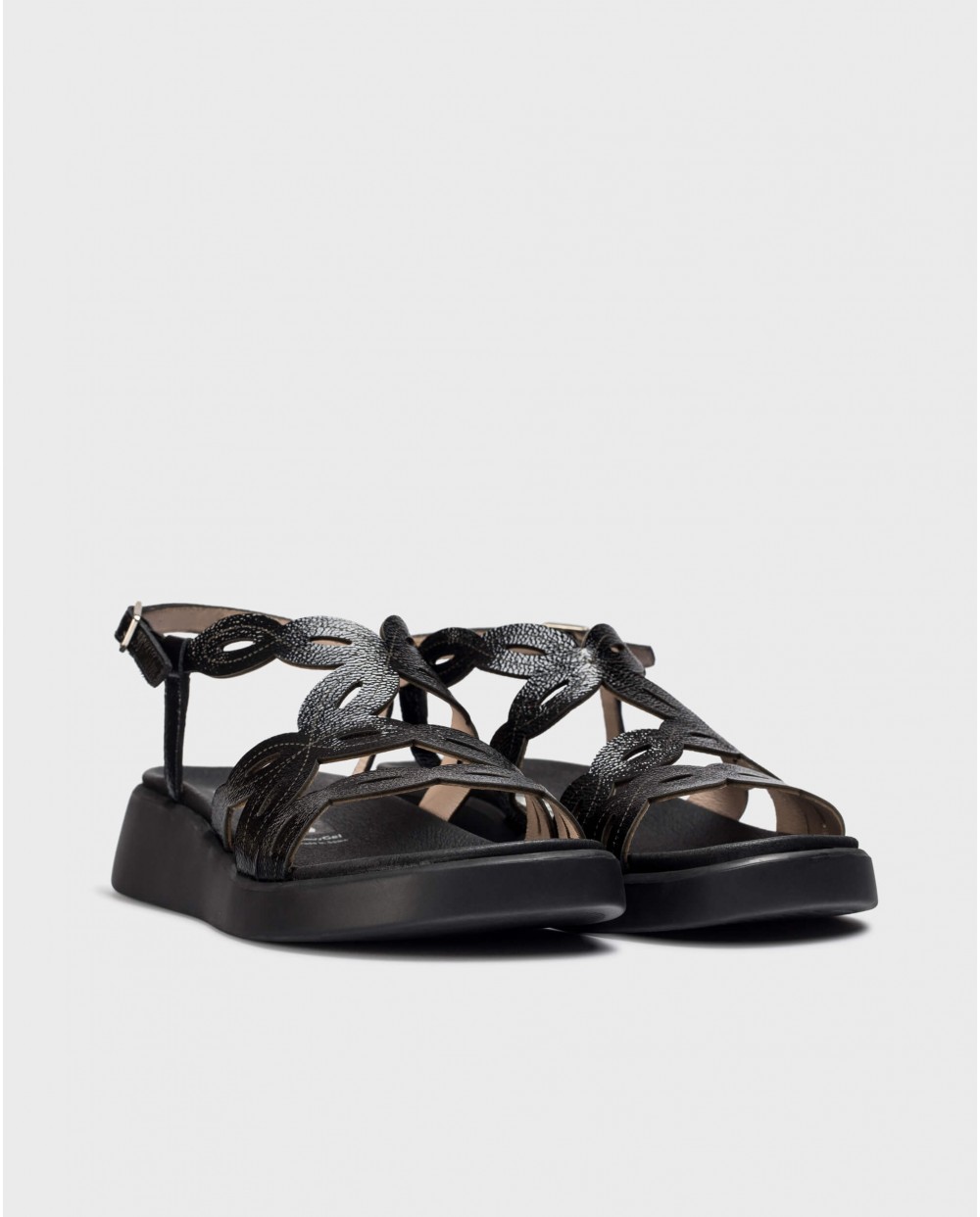 Sandalias planas de mujer de piel vacuna con hebilla metálica - Wonders - Negro Negro-3
