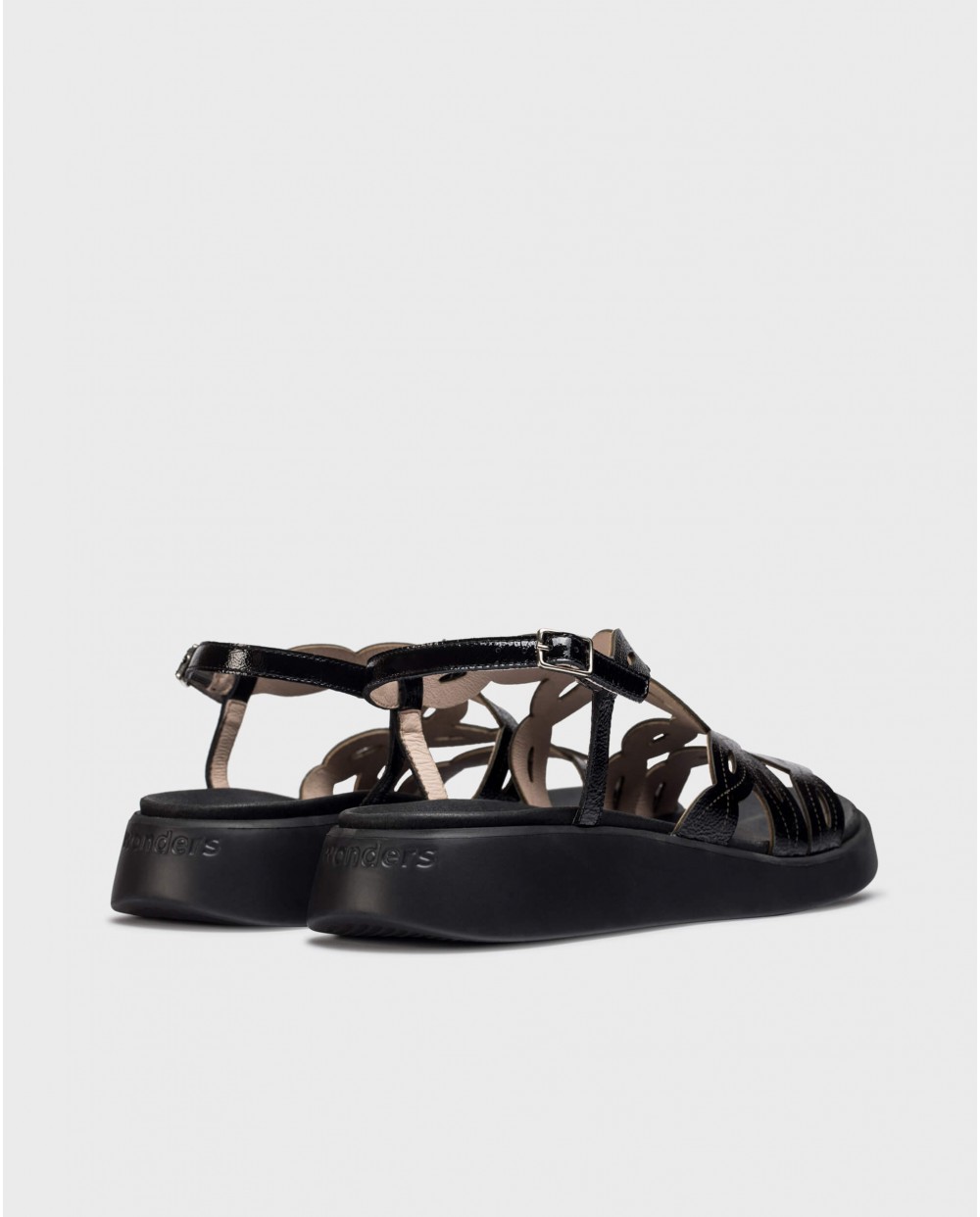 Sandalias planas de mujer de piel vacuna con hebilla metálica - Wonders - Negro Negro-2