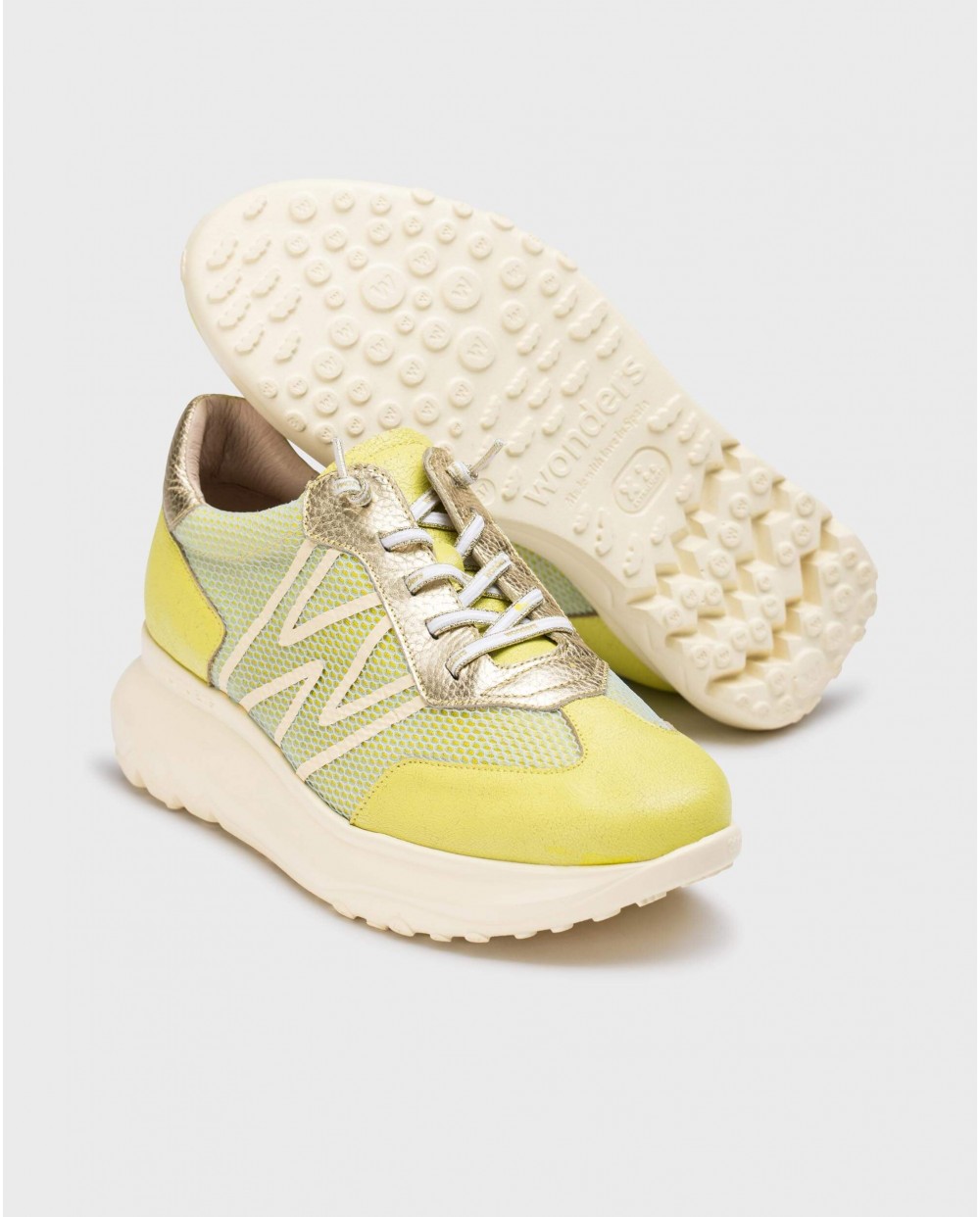 Zapatillas deportivas de mujer de piel vacuna con cordones elásticos - Wonders - Amarillo Amarillo-4