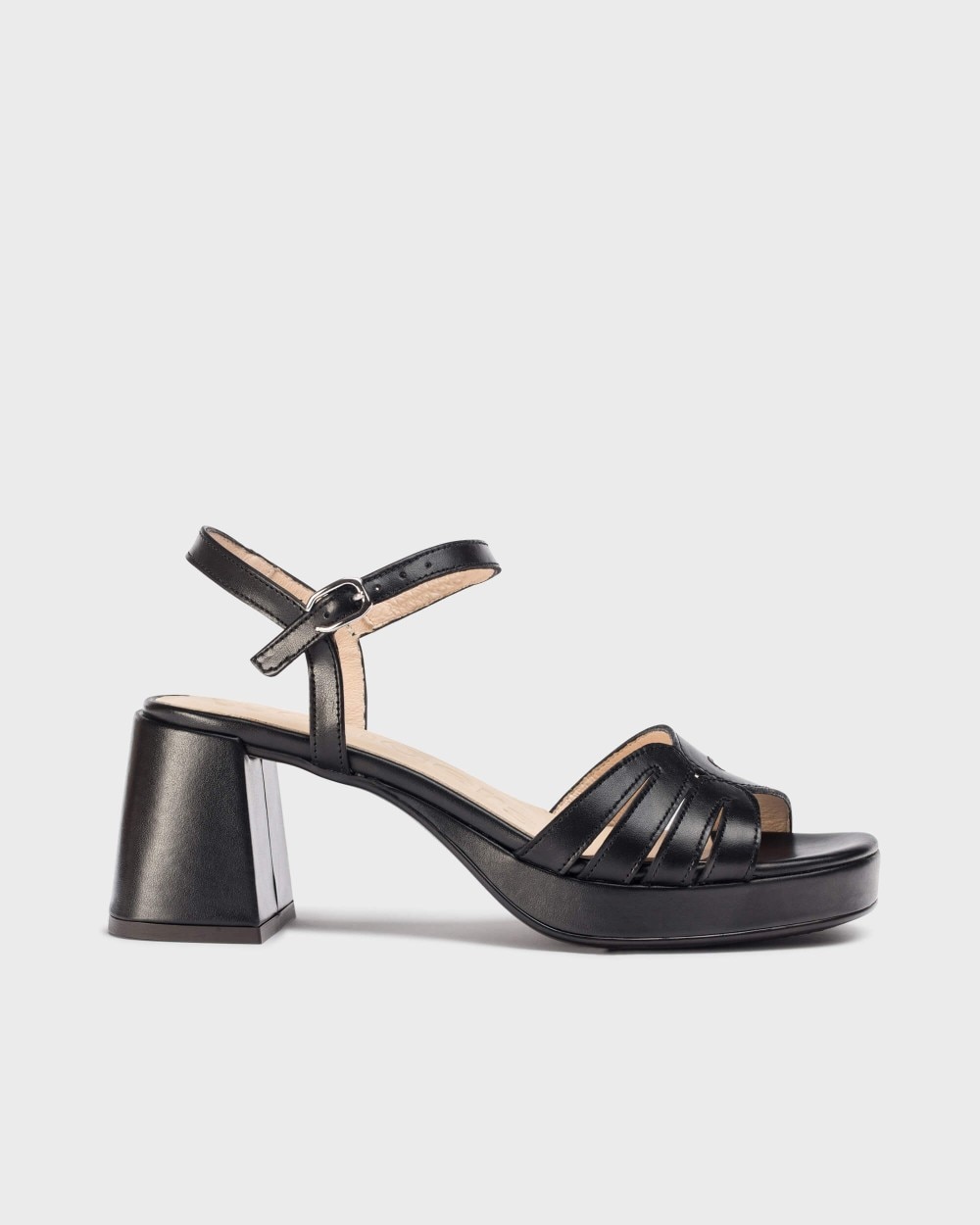 Sandalias de tacón de mujer de piel con hebilla - Wonders - Negro / Aluminio Negro / Aluminio-1