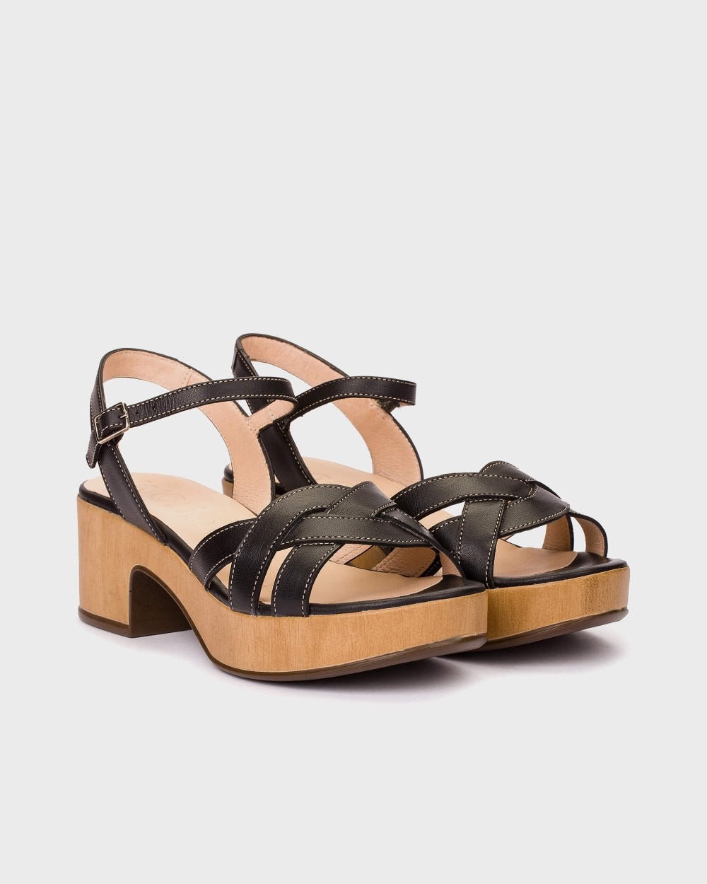 Sandalias de tacón de mujer de piel con hebilla - Wonders - Negro / Natural Negro / Natural-3