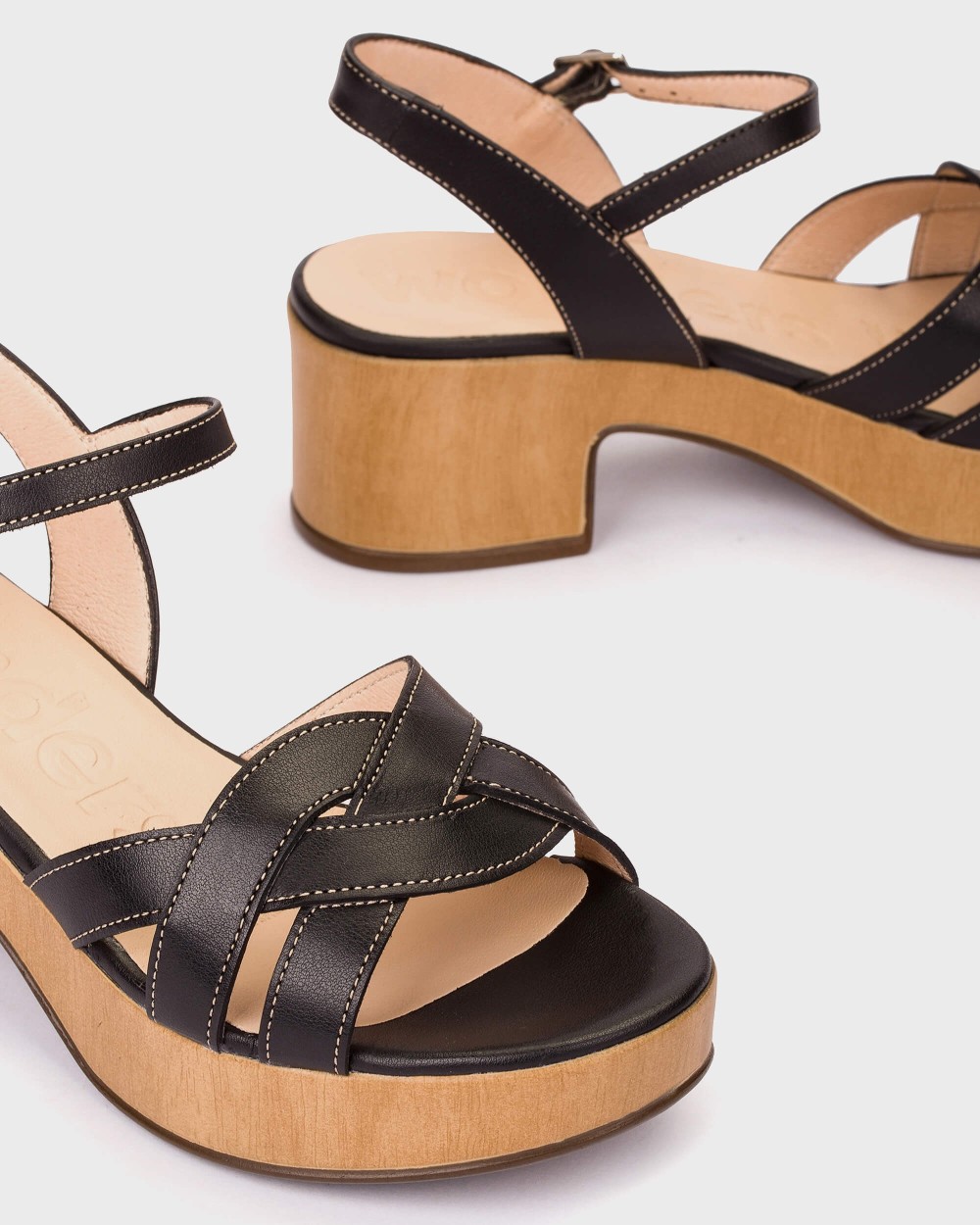 Sandalias de tacón de mujer de piel con hebilla - Wonders - Negro / Natural Negro / Natural-4