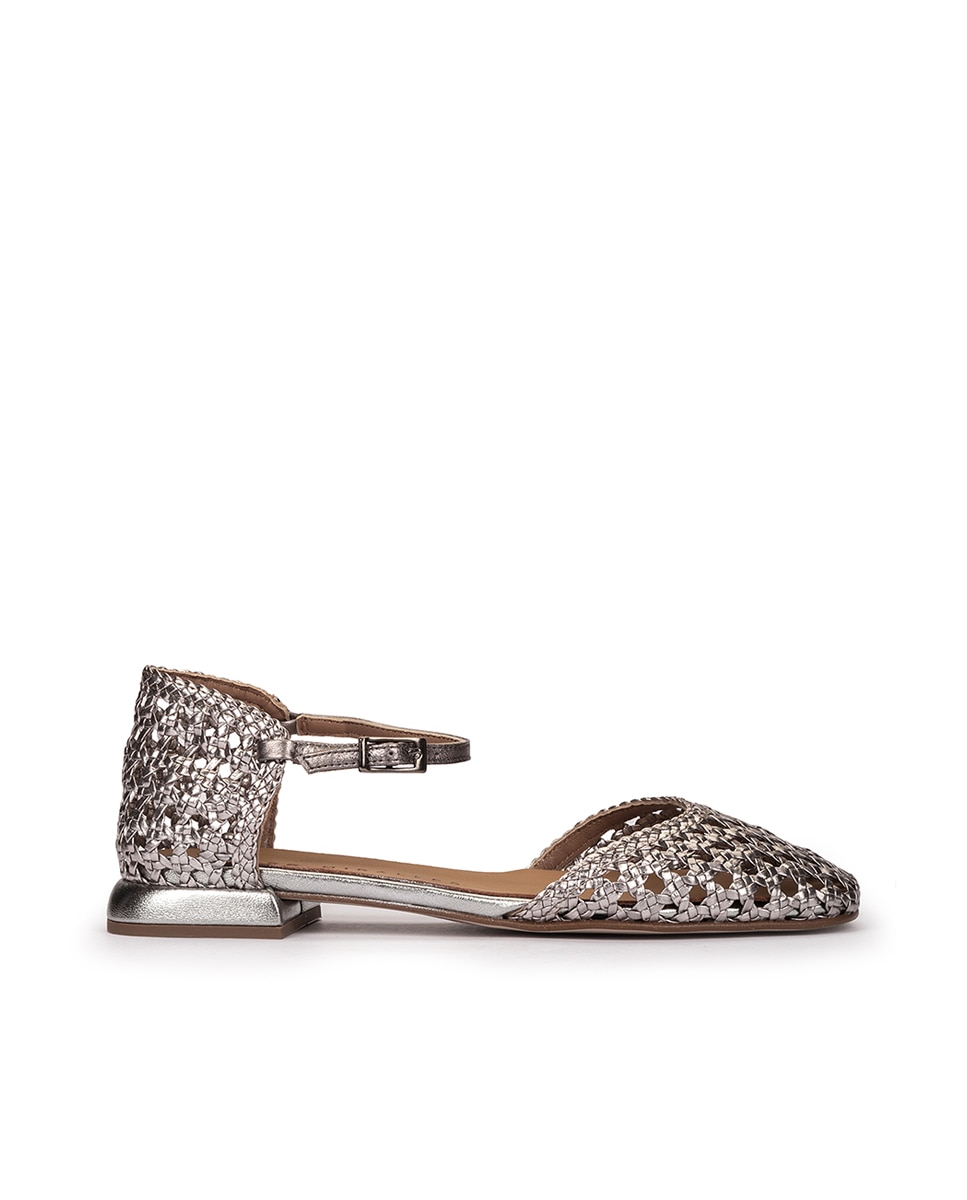 Pedro Miralles - Zapatos planos de mujer de piel trenzada metalizada.