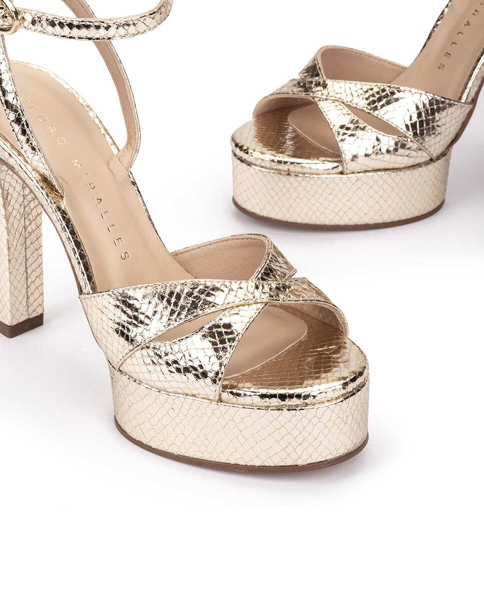 Sandalias de tacón de mujer con plataforma y pulsera - Pedro Miralles - Oro Oro-4
