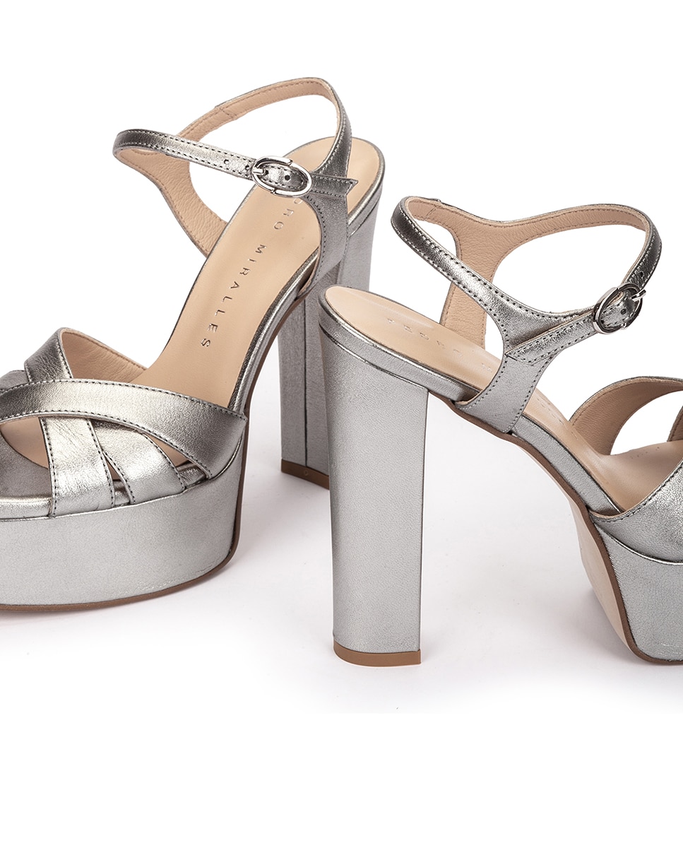 Sandalias de tacón de mujer de piel metalizada con plataforma - Pedro Miralles - Plateado Plateado-4