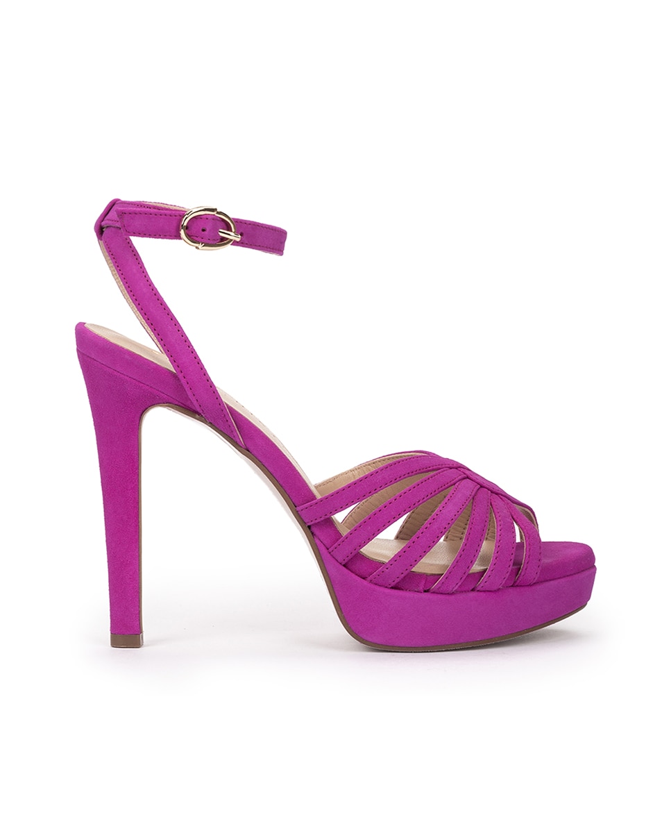 Pedro Miralles - Sandalias de tacón de mujer de serraje en color buganvilla con plataforma.