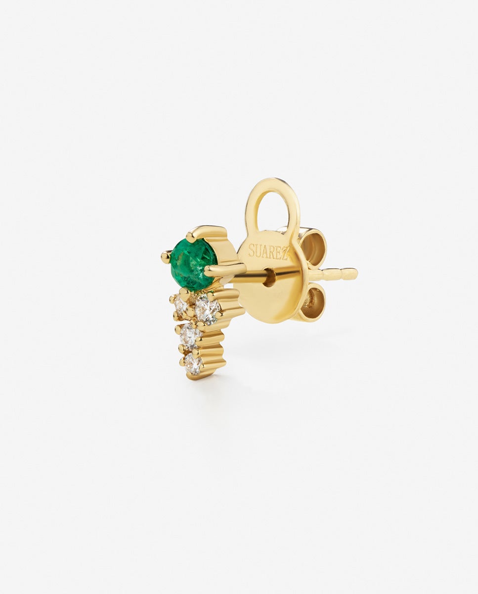 Pendiente individual Saiph de oro amarillo de 18kt de botón para la oreja izquierda con piedra esmeralda y diamantes - SUAREZ - Blanco / Verde Blanco / Verde-3