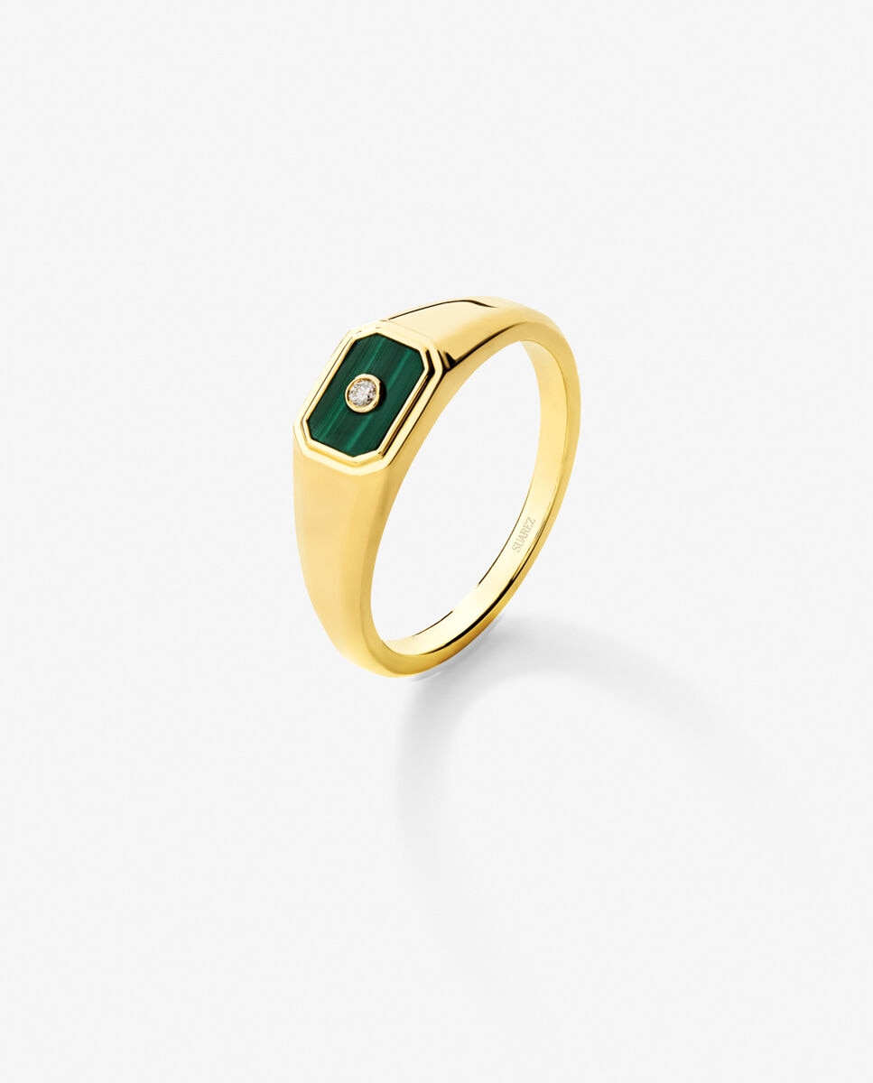 Anillo de sello de oro con malaquita verde y diamante en talla brillante