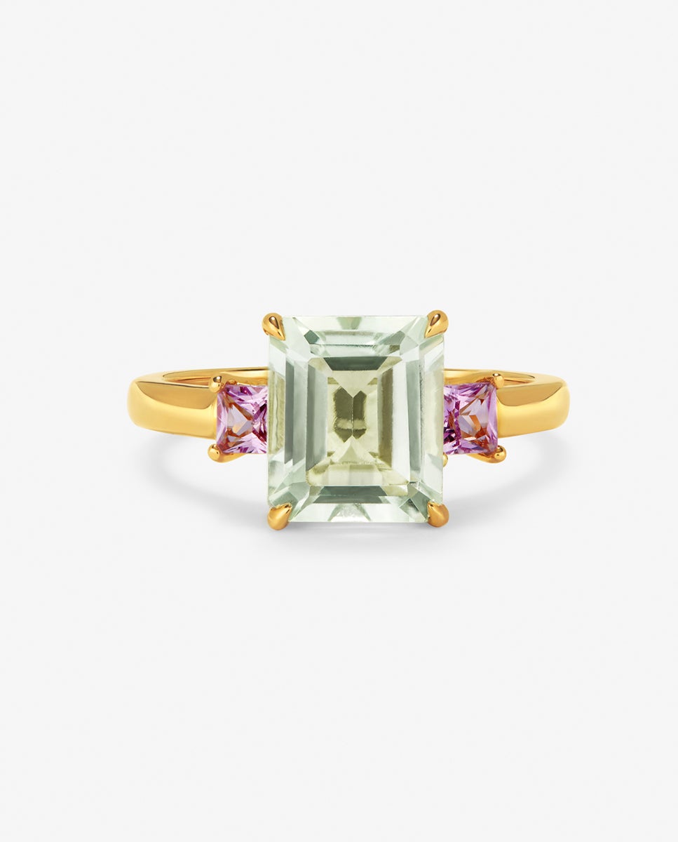 Imagen 3 de Anillo tresillo de oro amarillo de 18k con amatista verde en talla esmeralda de 2,53 cts y 2 zafiros rosas en talla princesa con un total de 0,41 cts - SUAREZ - Blanco / Verde Blanco / Verde