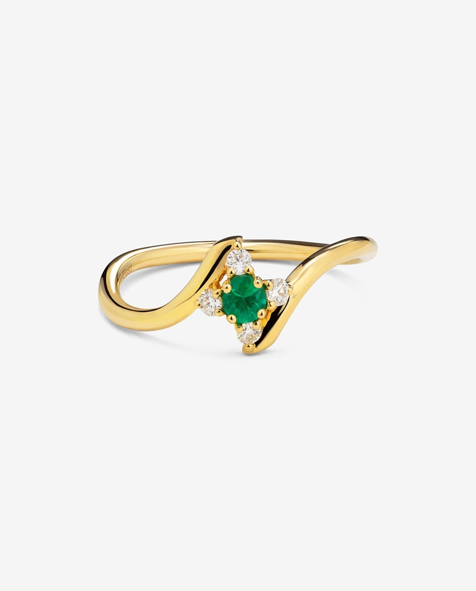 Anillo de oro amarillo de 18k con esmeralda verde en talla brillante de 0,088 cts y 4 diamantes en talla brillante con un total de 0,08 cts - SUAREZ - Blanco Blanco-3