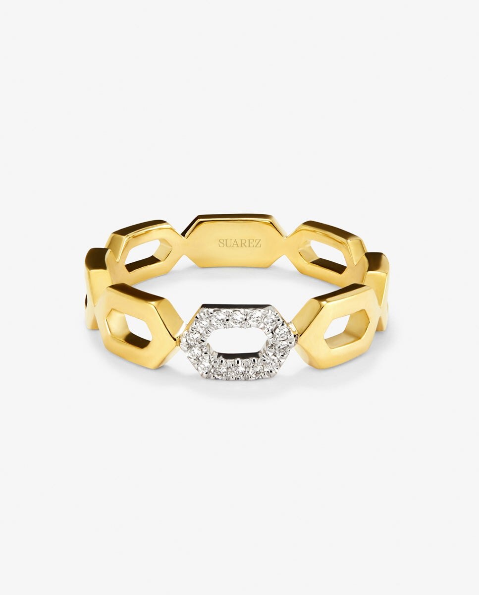 Anillo de oro amarillo de 18k con 14 diamantes en talla brillante con un total de 0,06 cts - SUAREZ - Blanco Blanco-3