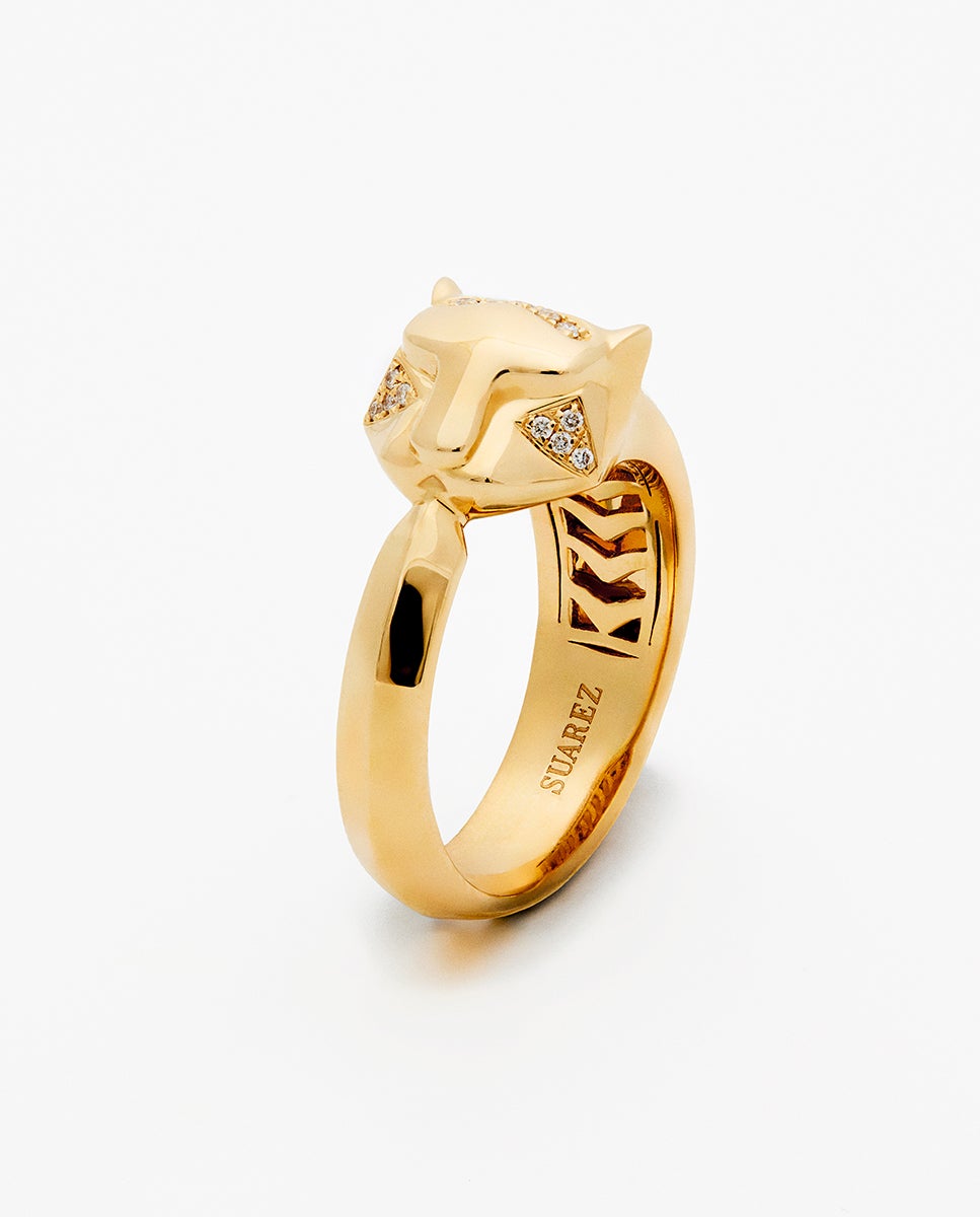 Imagen 0 de Anillo de oro amarillo de 18k con 26 diamantes en talla brillante con un total de 0,08 cts y forma de tigre Blanco