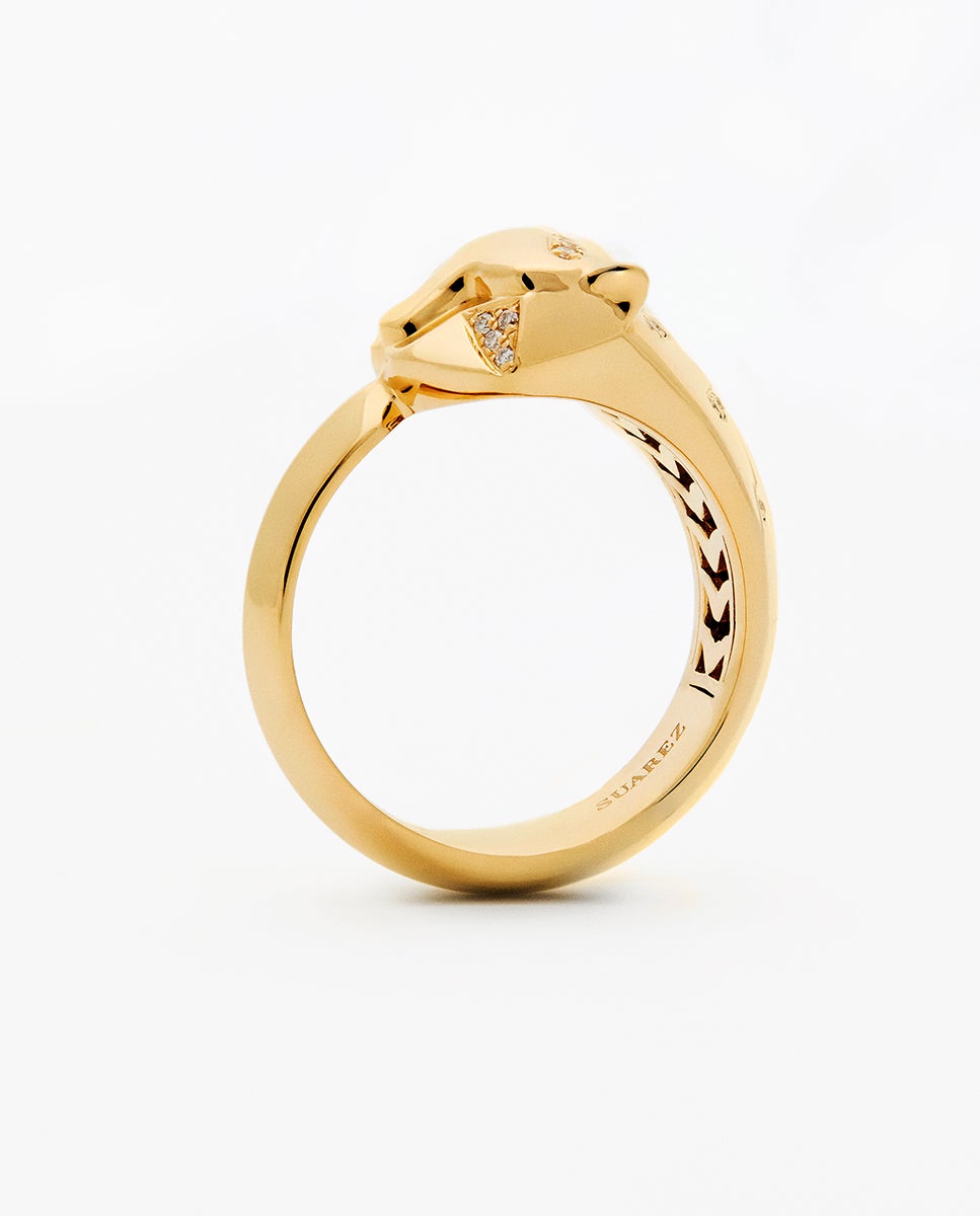 Anillo de oro amarillo de 18k con 26 diamantes en talla brillante con un total de 0,08 cts y forma de tigre - SUAREZ - Blanco Blanco-5