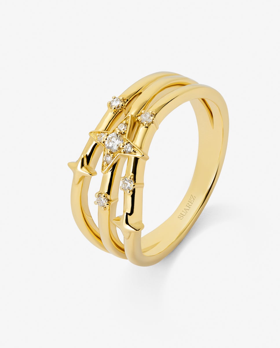 Anillo multibrazo de oro amarillo de 18k con 9 diamantes en talla brillante con un total de 0,08 cts - SUAREZ - Blanco Blanco-1