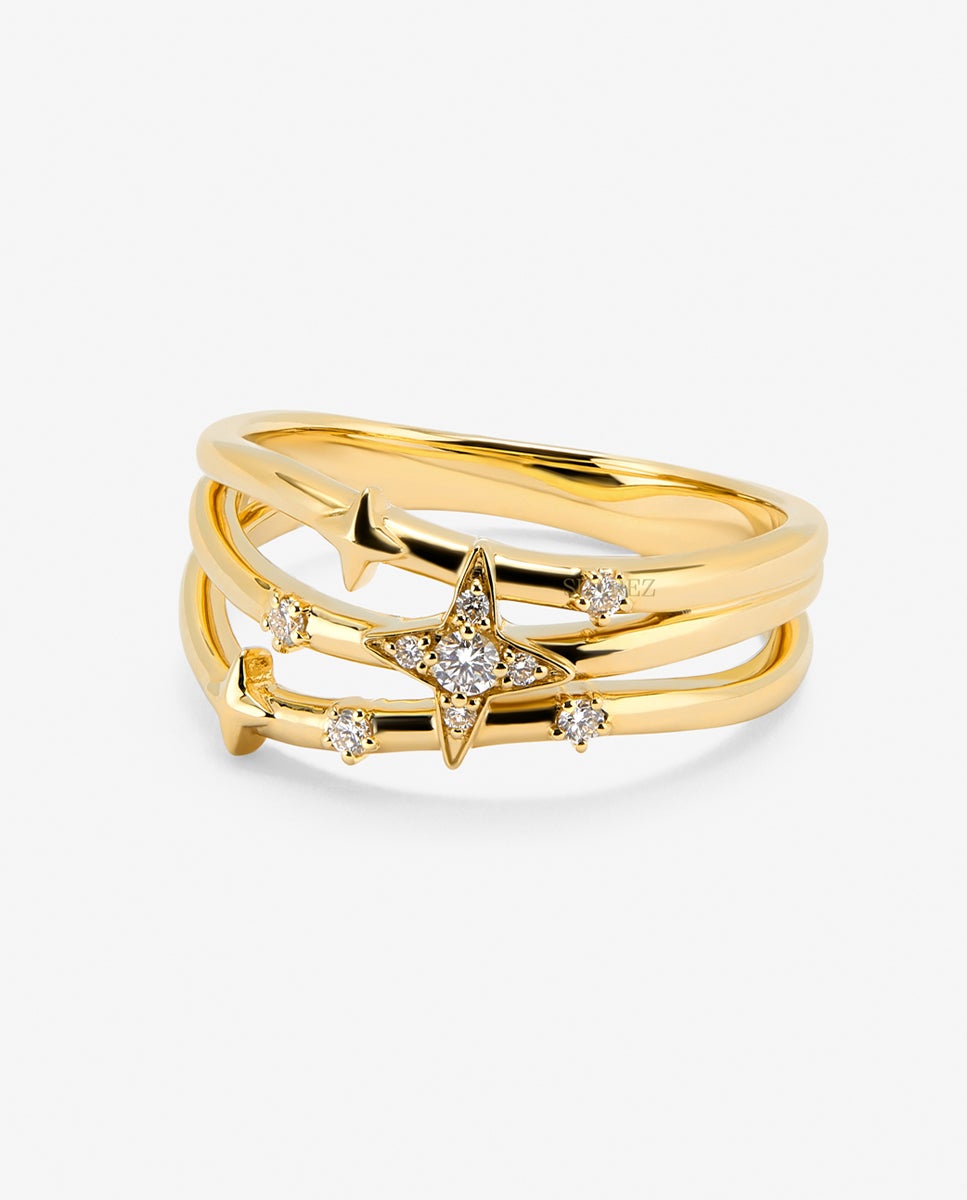 Anillo multibrazo de oro amarillo de 18k con 9 diamantes en talla brillante con un total de 0,08 cts - SUAREZ - Blanco Blanco-3