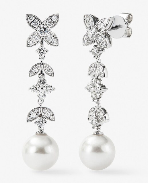 Imagen 0 de Pendientes de oro blanco de 18K con 62 diamantes en talla brillante con un total de 0,99 cts y 2 perlas akoya de 8,5 mm