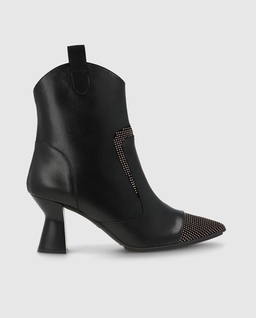 Imagen 0 de Botines cowboy de mujer combinado en piel de color negro y ante con detalle de strass al tono