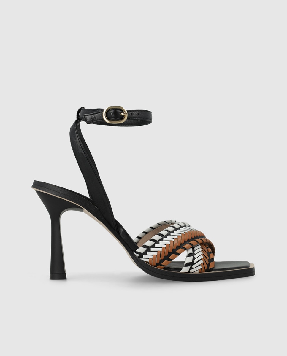 Sandalias de tacón de mujer en piel y trenzado