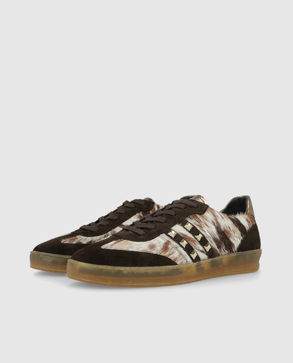 Zapatillas de mujer en piel con pelo efecto animal print y tachas - Lodi - Marrón Marrón-3