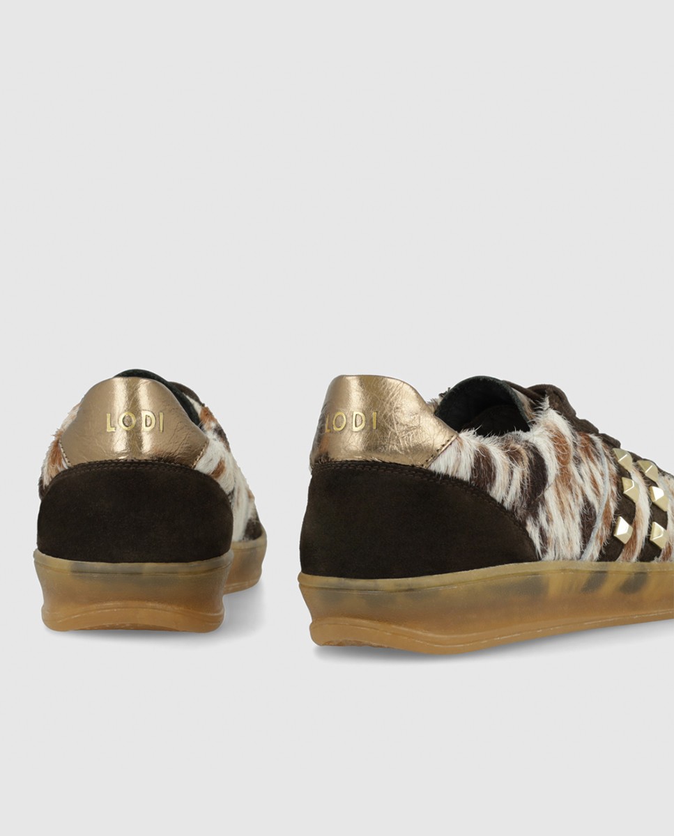 Zapatillas de mujer en piel con pelo efecto animal print y tachas - Lodi - Marrón Marrón-2