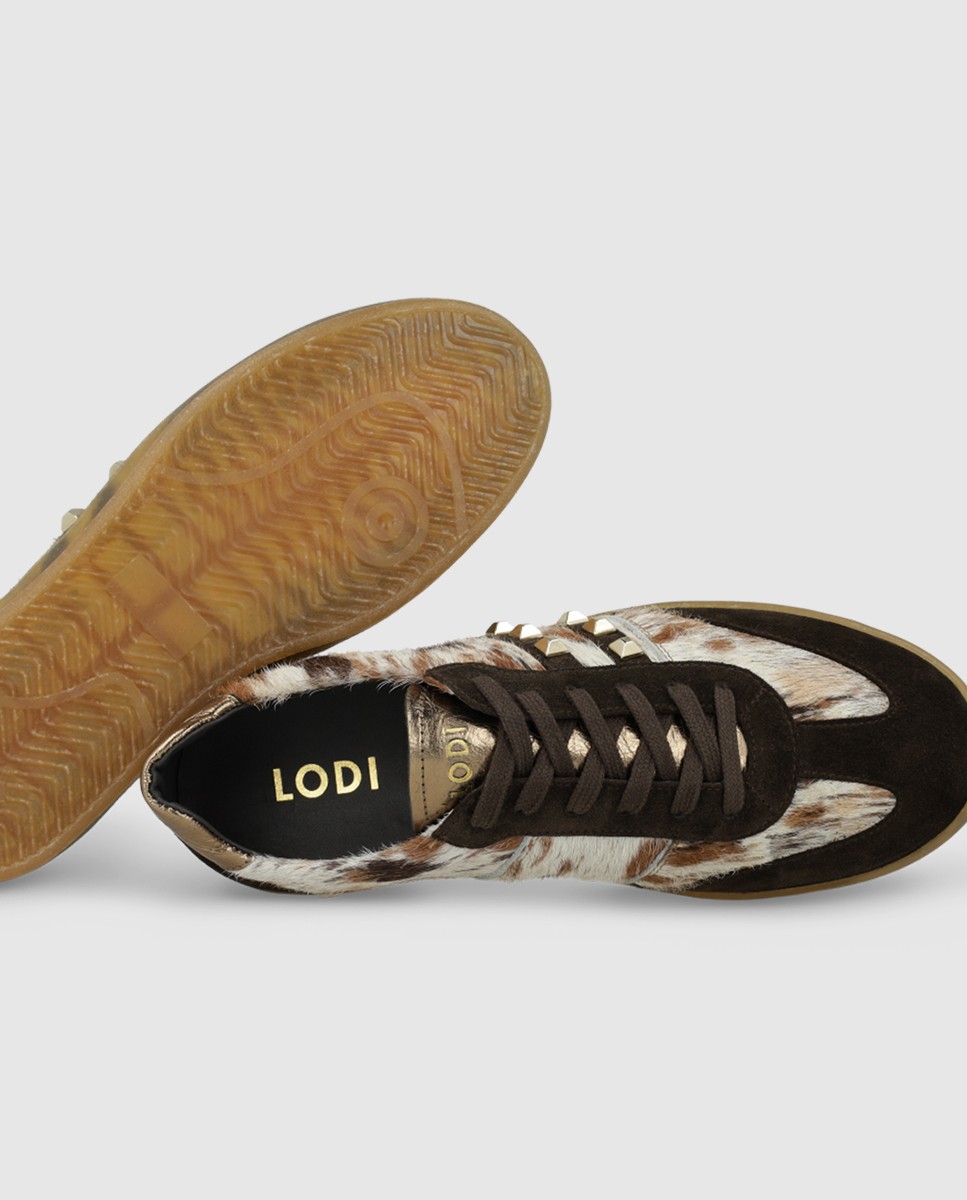 Zapatillas de mujer en piel con pelo efecto animal print y tachas - Lodi - Marrón Marrón-4