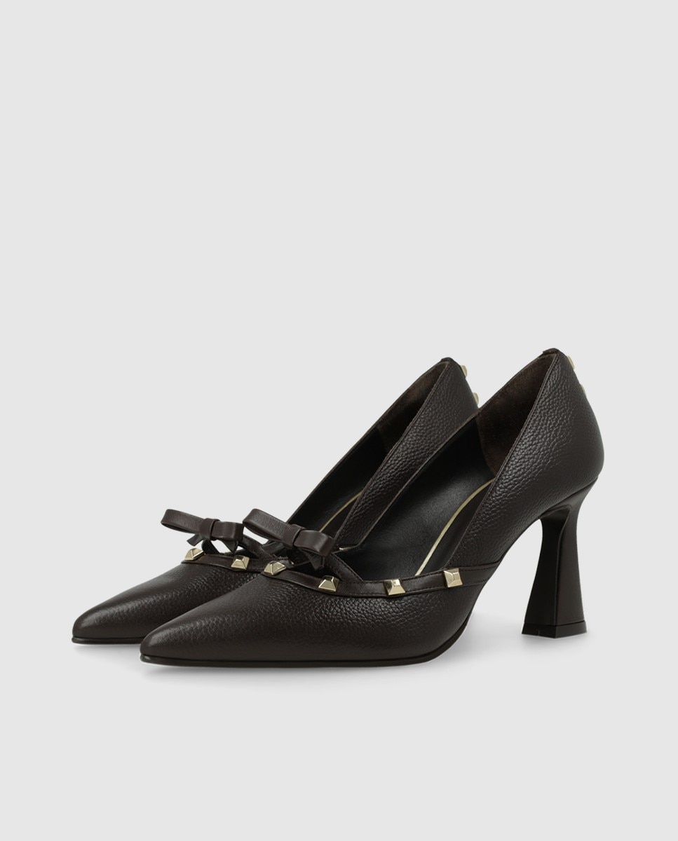 Zapatos de salón de mujer en piel con tachas y lazo - Lodi - Marrón oscuro Marrón oscuro-3