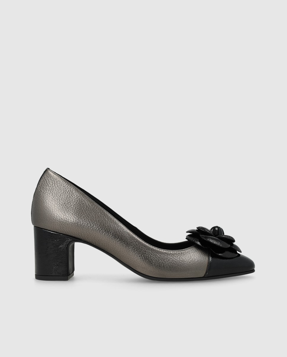 Zapatos de salón de mujer en piel con adorno flor - Lodi - Gris / Negro Gris / Negro-1
