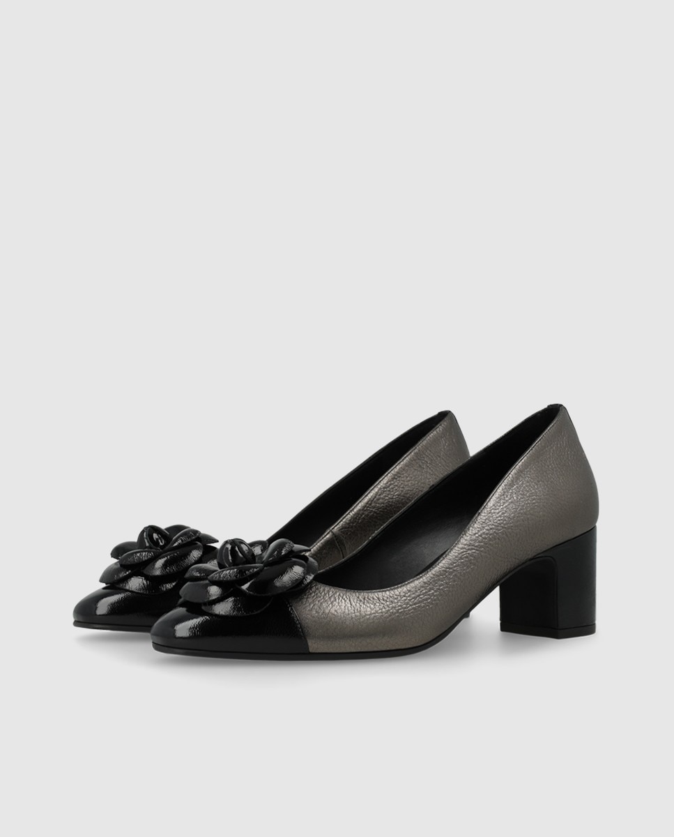 Zapatos de salón de mujer en piel con adorno flor - Lodi - Gris / Negro Gris / Negro-3