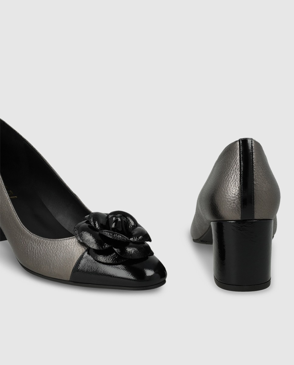 Zapatos de salón de mujer en piel con adorno flor - Lodi - Gris / Negro Gris / Negro-2