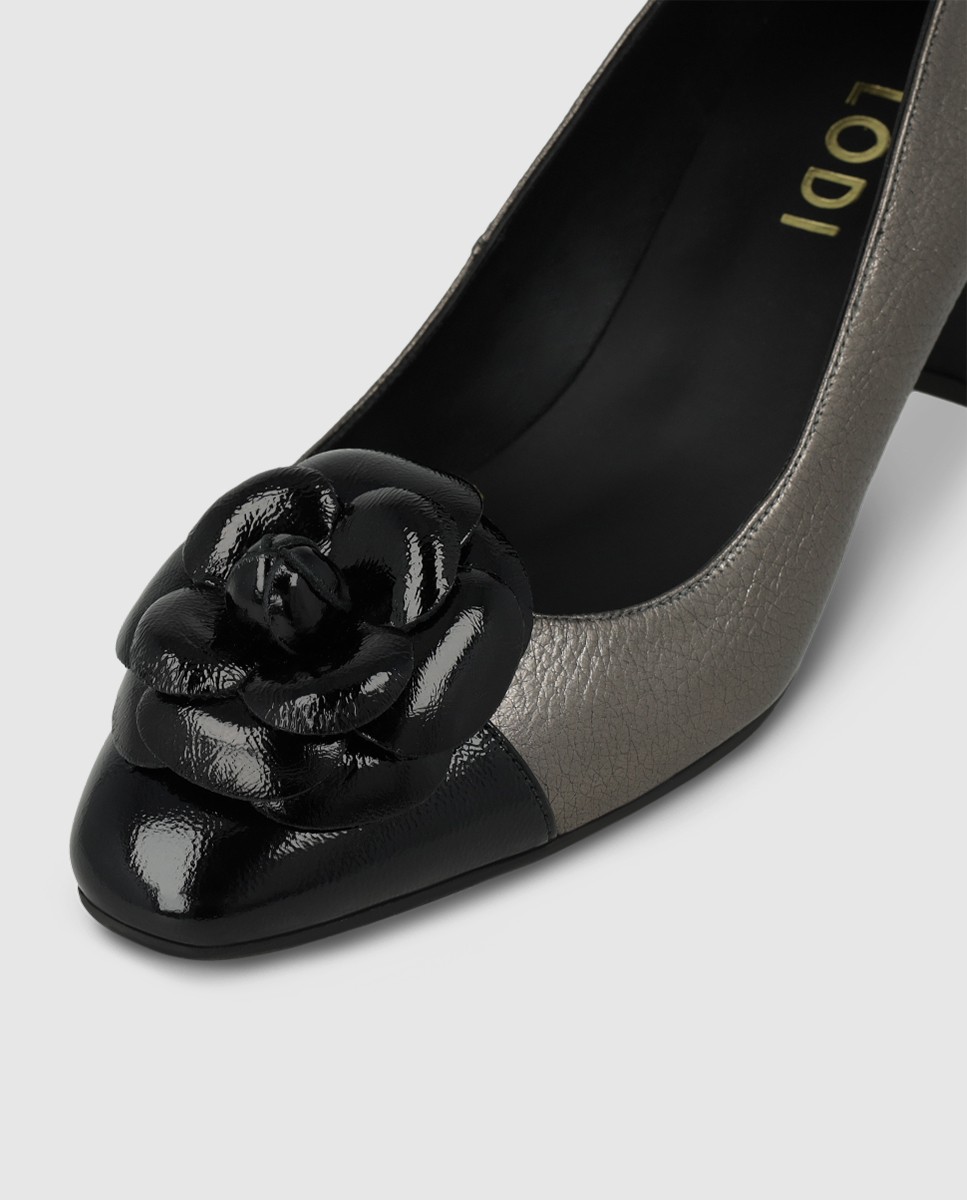 Zapatos de salón de mujer en piel con adorno flor - Lodi - Gris / Negro Gris / Negro-4