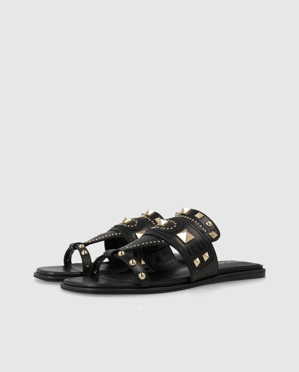 Sandalias planas de mujer en piel con tachas - Lodi - Negro Negro-3