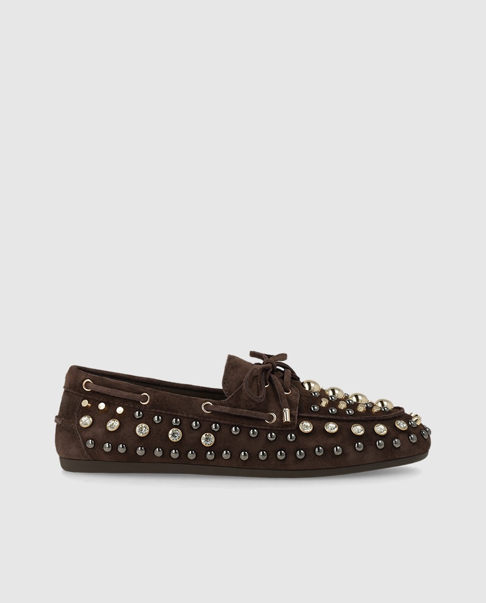 Imagen 0 de Mocasines de mujer en piel con tachas y pedrería Marrón