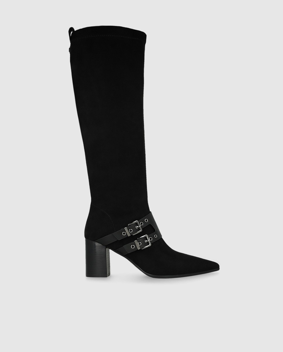 Botas de mujer en antelina elástica con tacón ancho - Lodi - Negro Negro-1