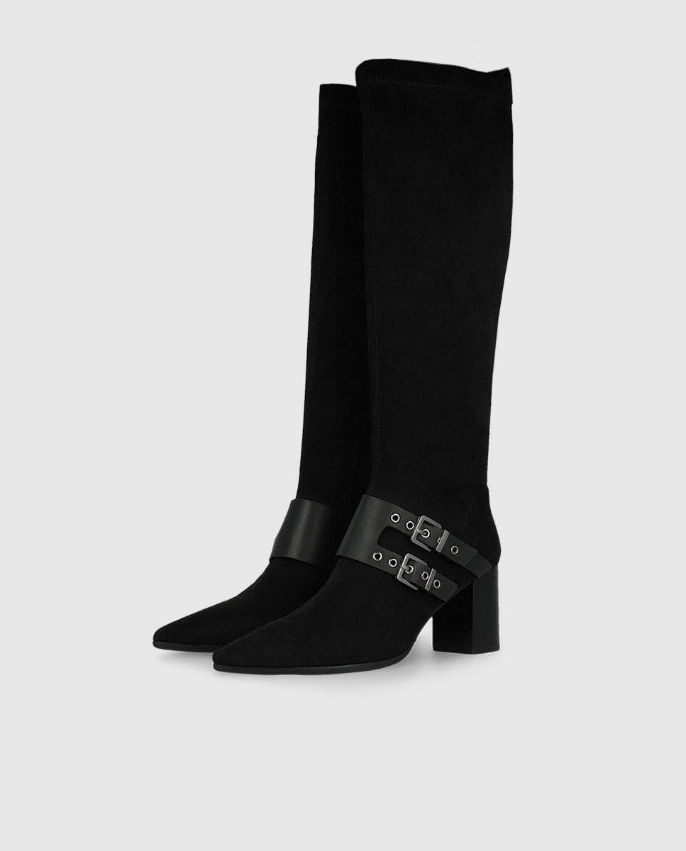 Botas de mujer en antelina elástica con tacón ancho - Lodi - Negro Negro-3