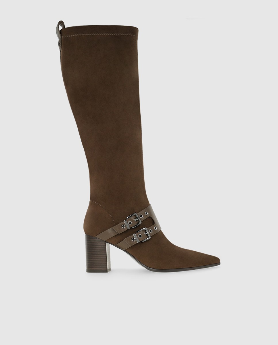 Botas de mujer en antelina elástica con tacón ancho - Lodi - Marrón Marrón-1