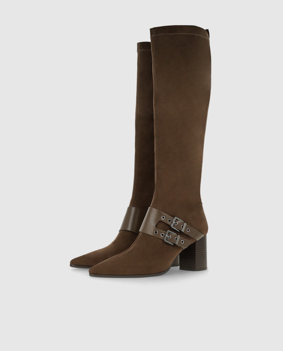 Botas de mujer en antelina elástica con tacón ancho - Lodi - Marrón Marrón-2