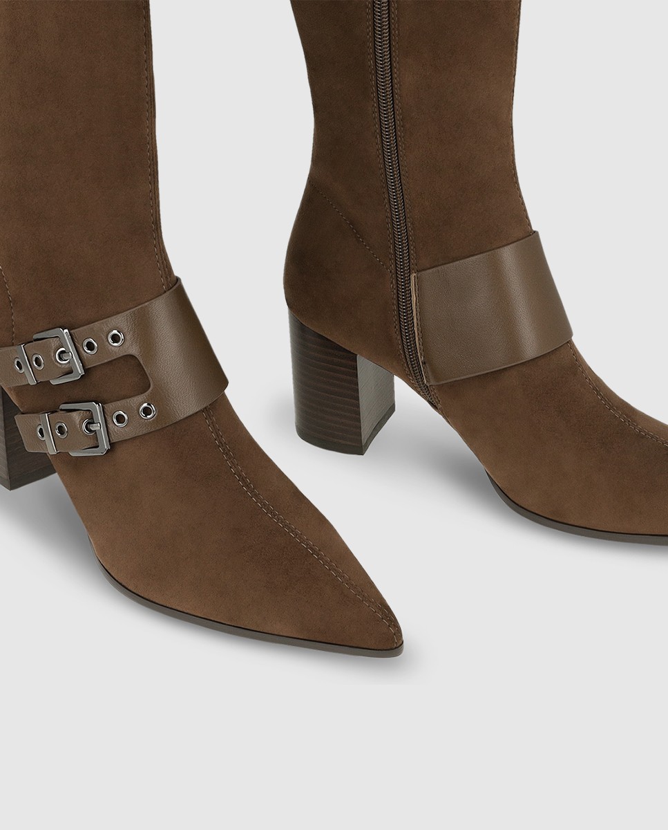 Botas de mujer en antelina elástica con tacón ancho - Lodi - Marrón Marrón-4