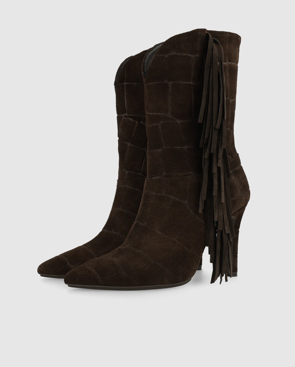 Botines de mujer en piel grabada con flecos - Lodi - Marrón Marrón-2