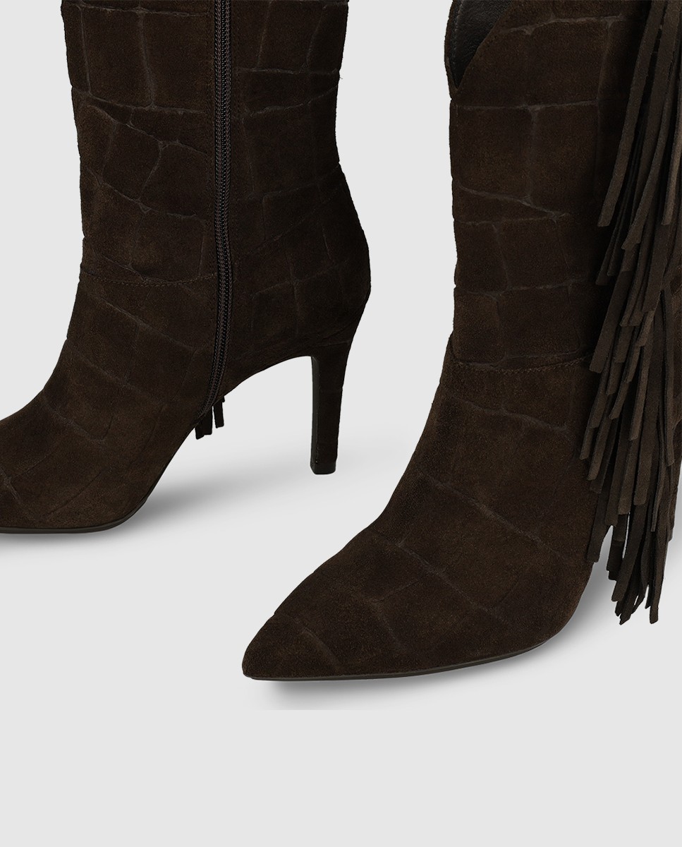 Botines de mujer en piel grabada con flecos - Lodi - Marrón Marrón-3