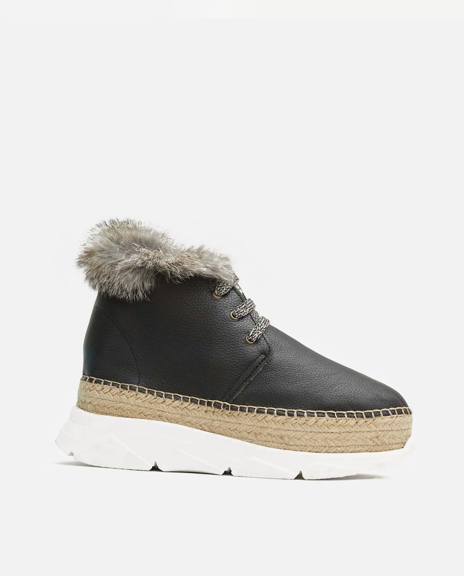 Botines de pelo de mujer en piel con suela de yute y goma - star love - Negro Negro-1