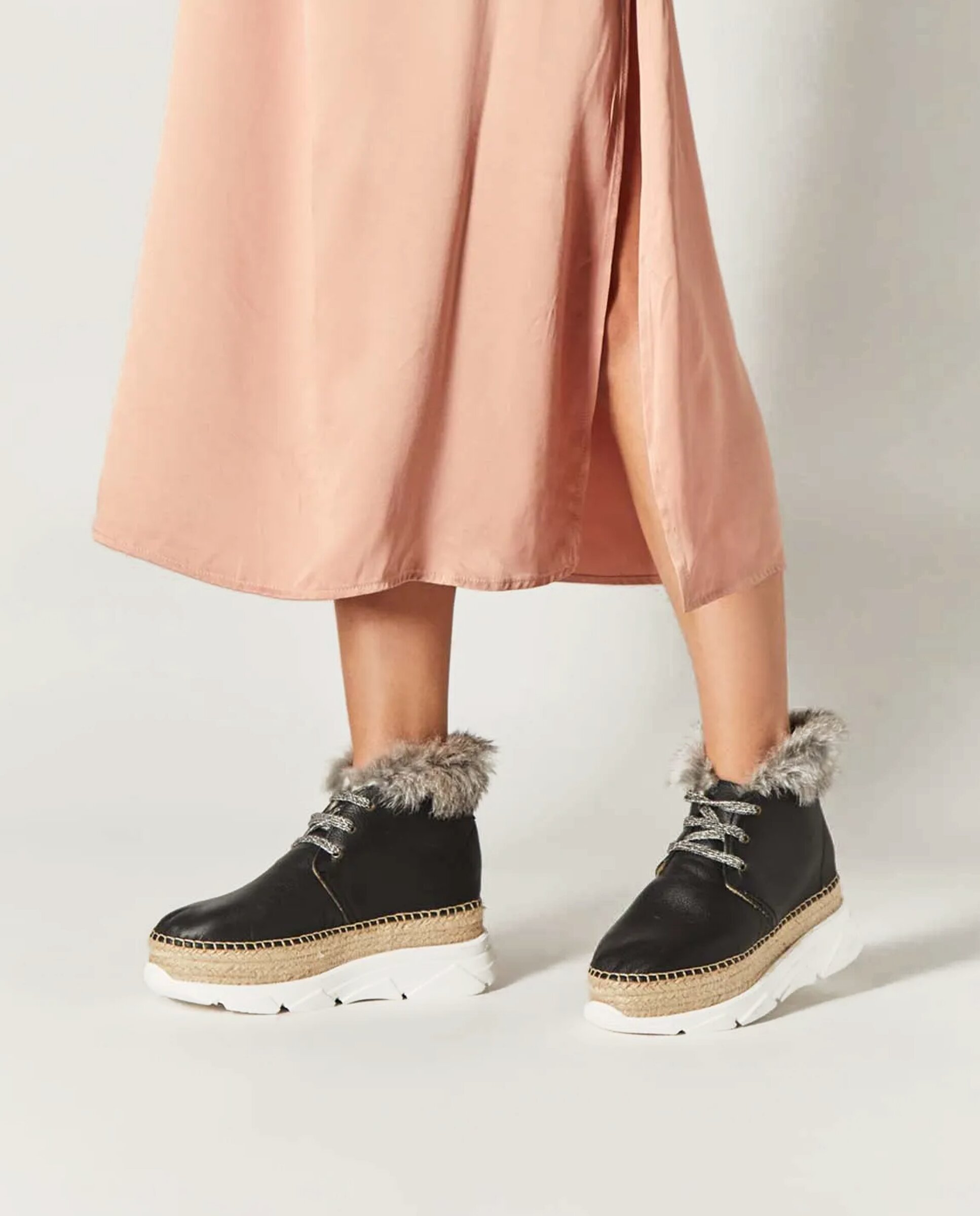 Botines de pelo de mujer en piel con suela de yute y goma - star love - Negro Negro-2
