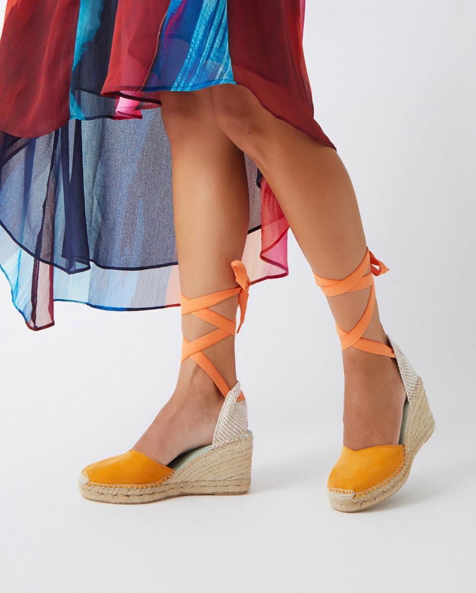 Alpargatas de cuña de mujer con cintas intercambiables - star love - Naranja claro Naranja claro-2