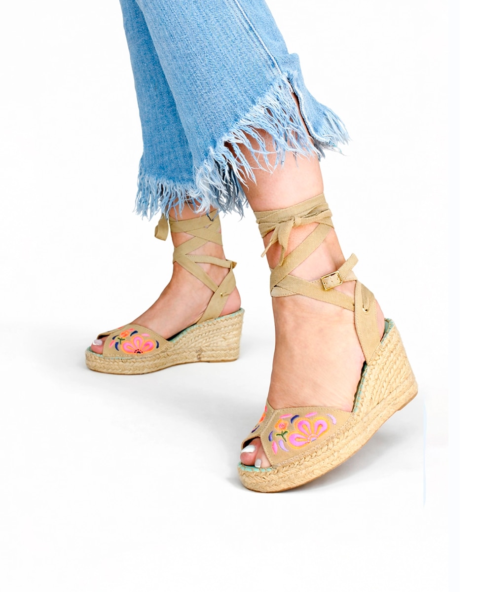 Alpargatas con cintas de cuña alta con hebilla intercambiable - star love - Beige Beige-2