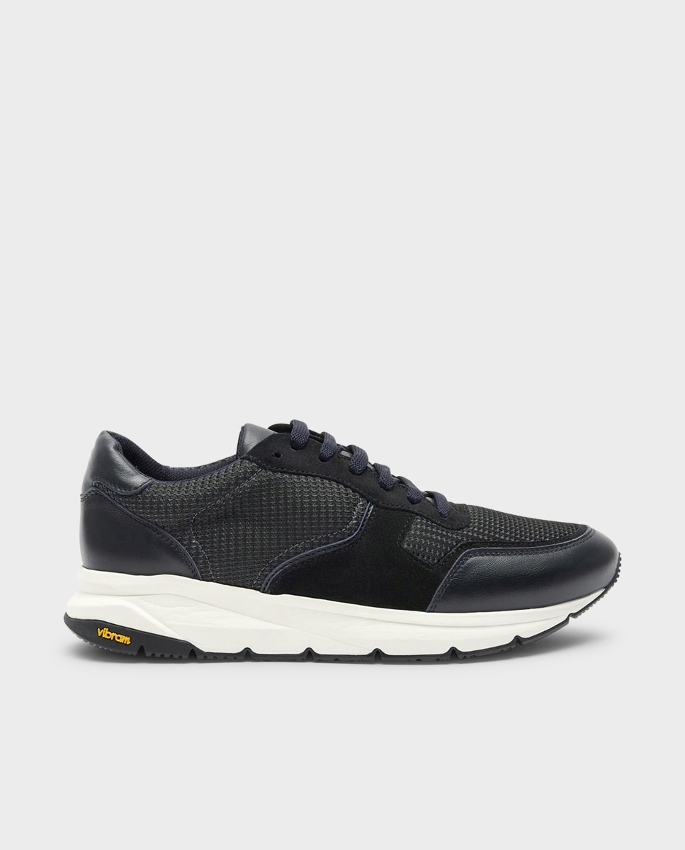 Zapatillas de hombre en piel y textil con suela vibram - Glent - Negro Negro-1
