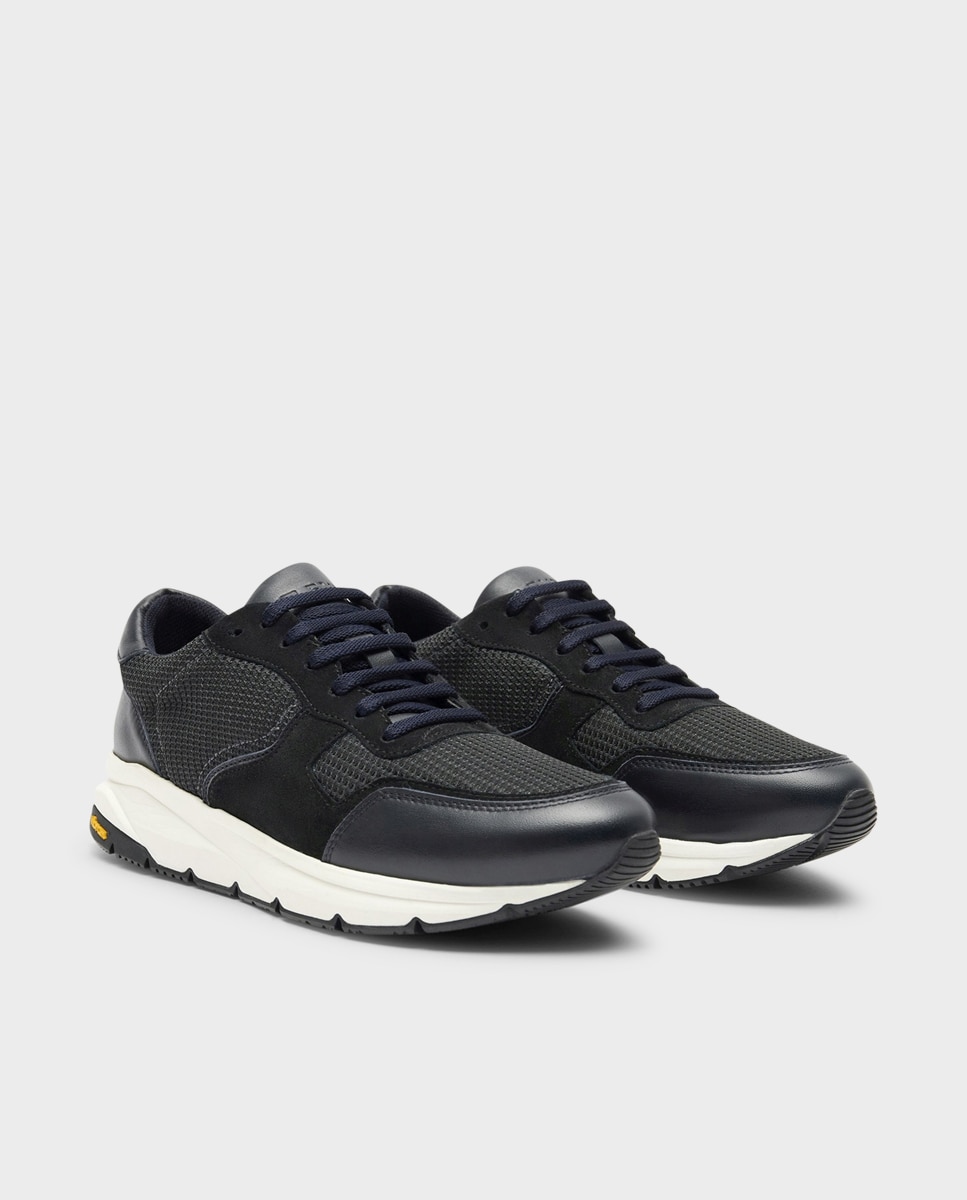 Zapatillas de hombre en piel y textil con suela vibram - Glent - Negro Negro-3
