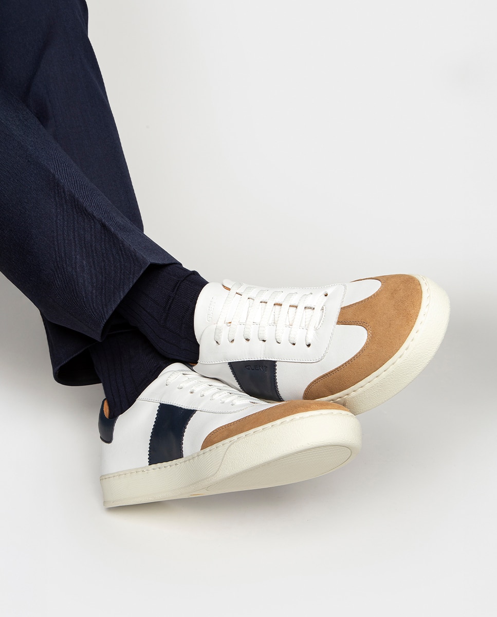 Zapatillas de hombre de piel con bandas laterales festoneadas y suela vibram - Glent - Azul marino Azul marino-3