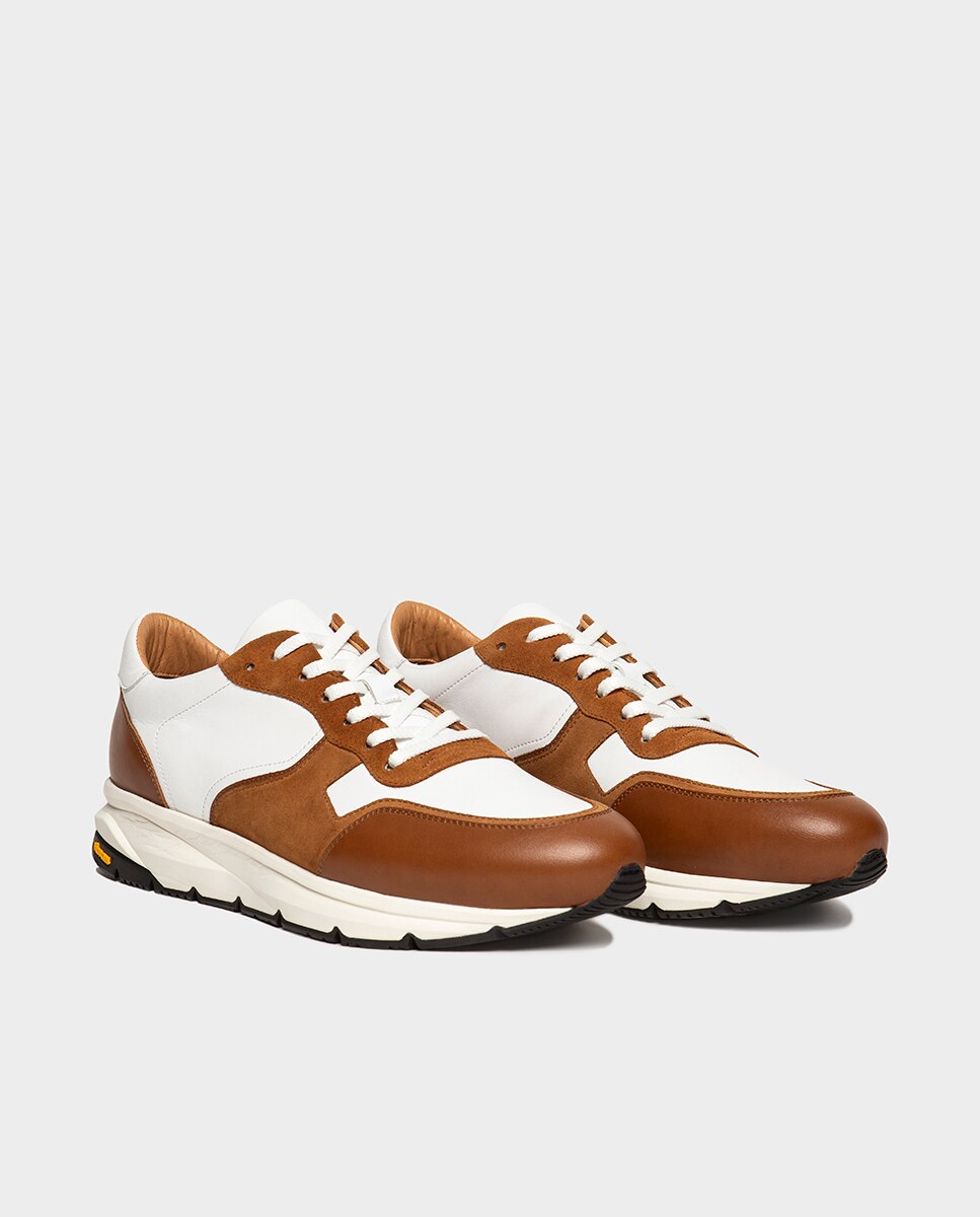 Zapatillas de hombre en piel y textil con suela vibram - Glent - Cuero Cuero-2