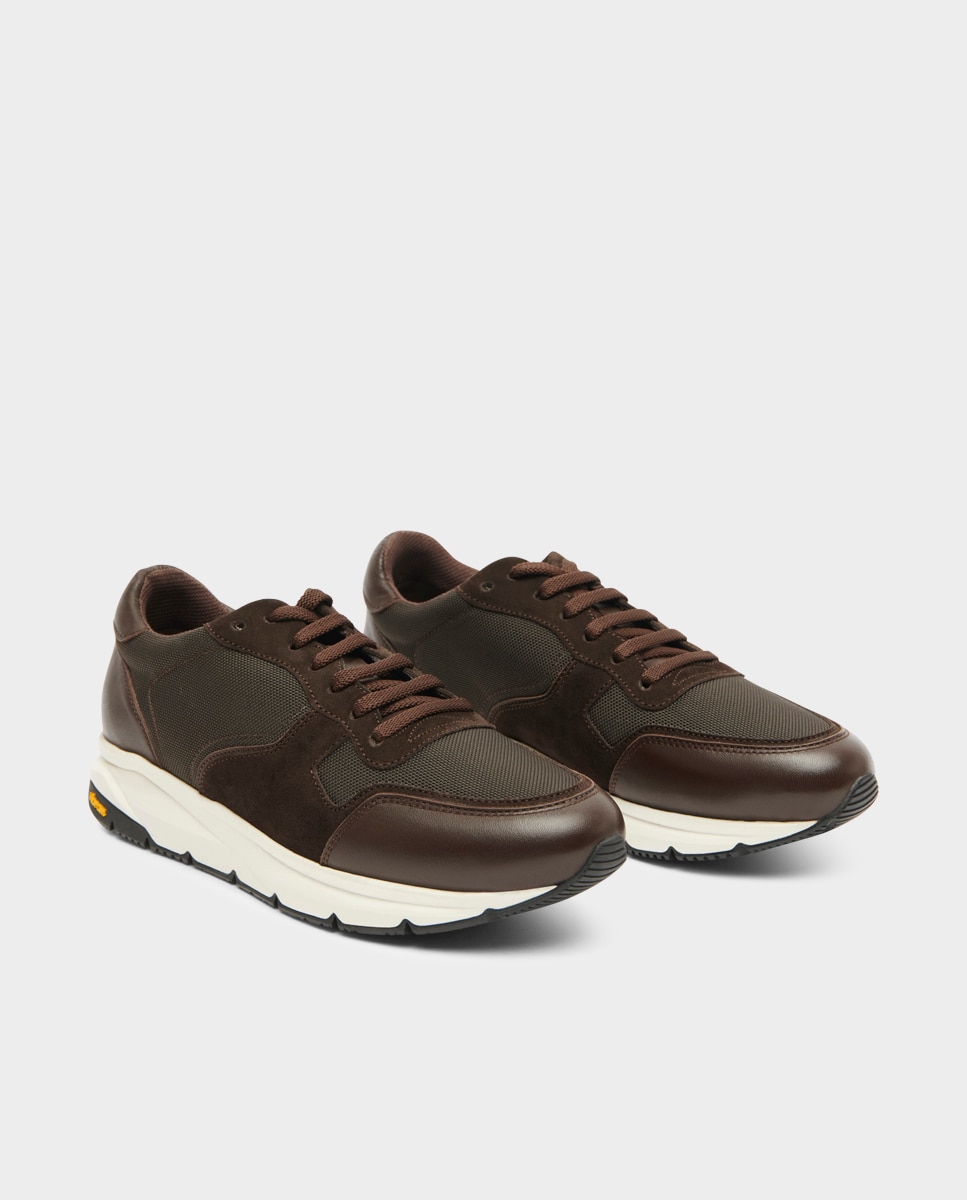 Zapatillas de hombre en piel y textil con suela vibram - Glent - Marrón Marrón-4