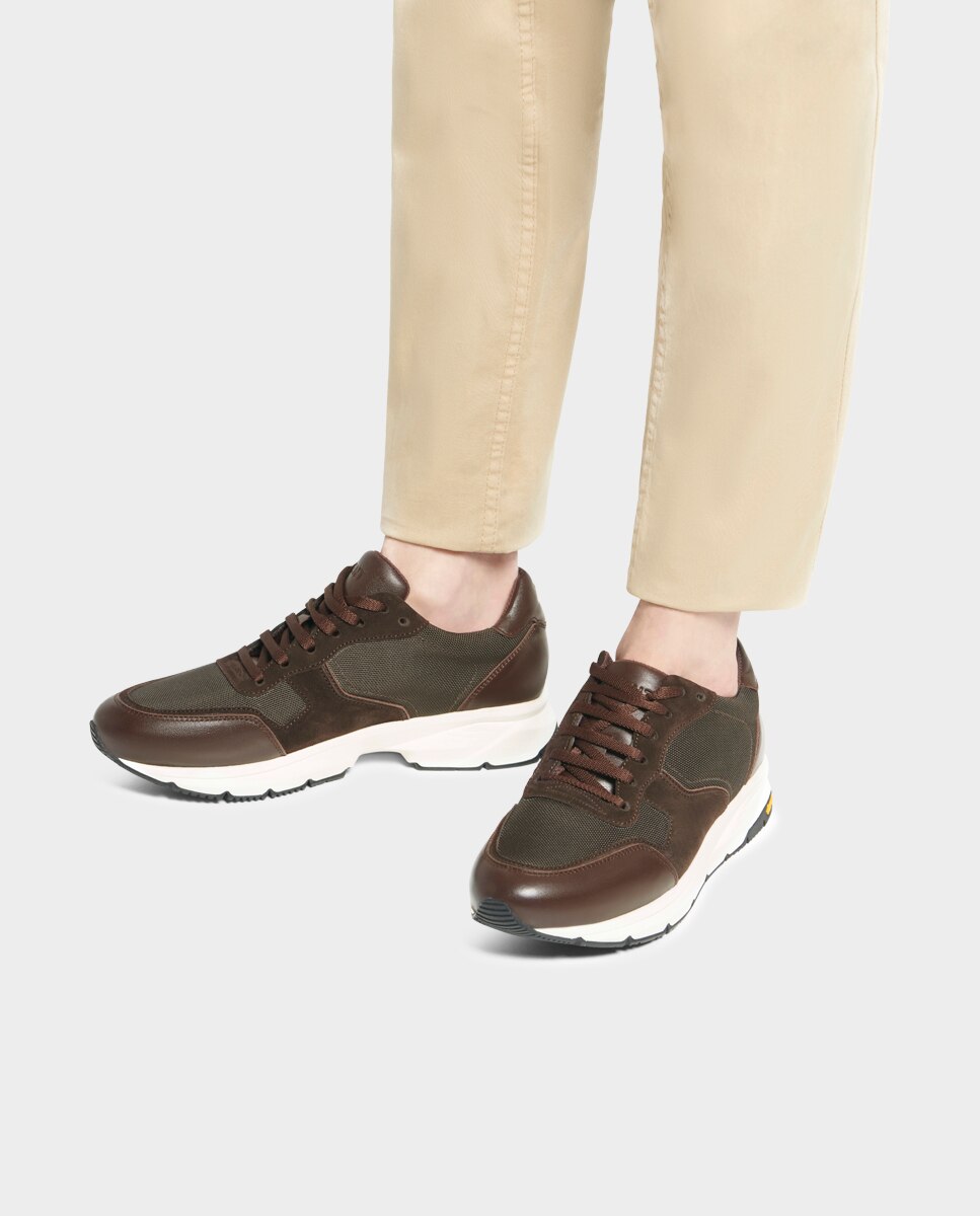 Zapatillas de hombre en piel y textil con suela vibram - Glent - Marrón Marrón-2