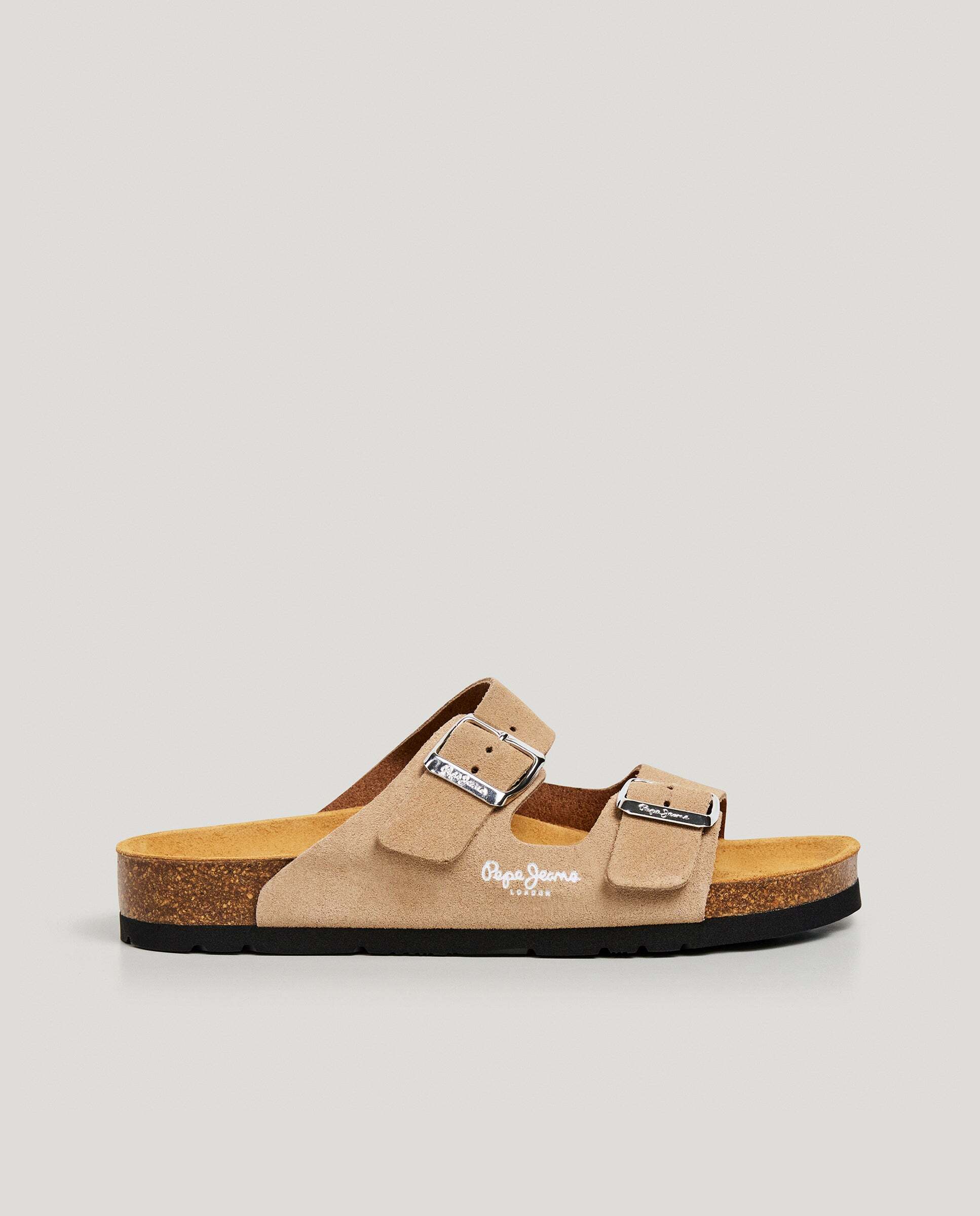 Pepe Jeans - Sandalias planas de mujer en ante con doble hebilla.